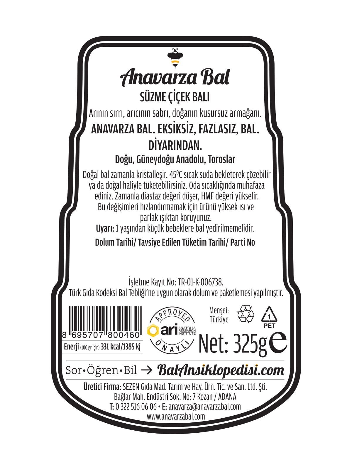 Anavarza Akıllı Kapak Süzme Çiçek Balı 325g