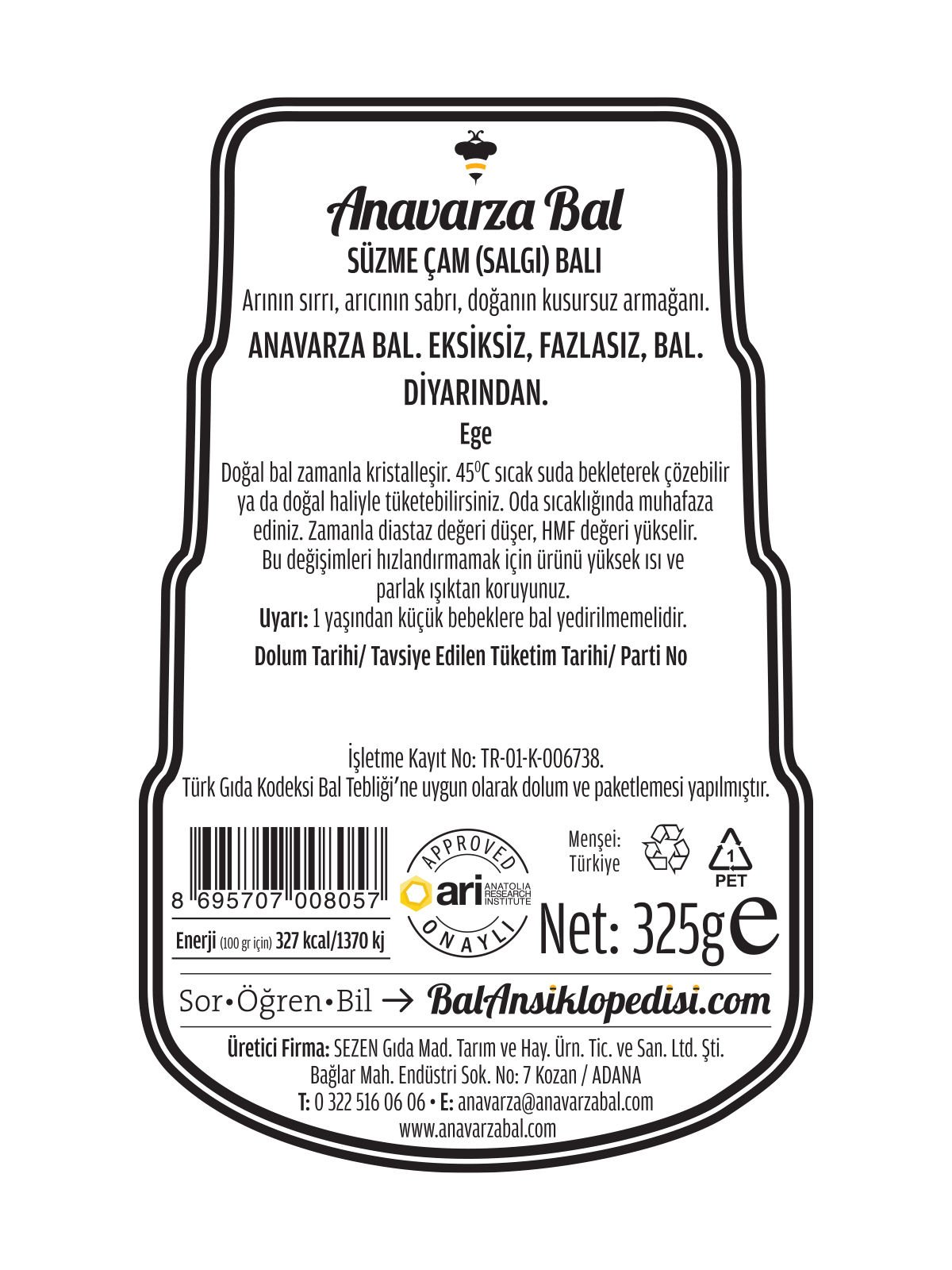 Anavarza Akıllı Kapak Süzme Çam Balı 325g
