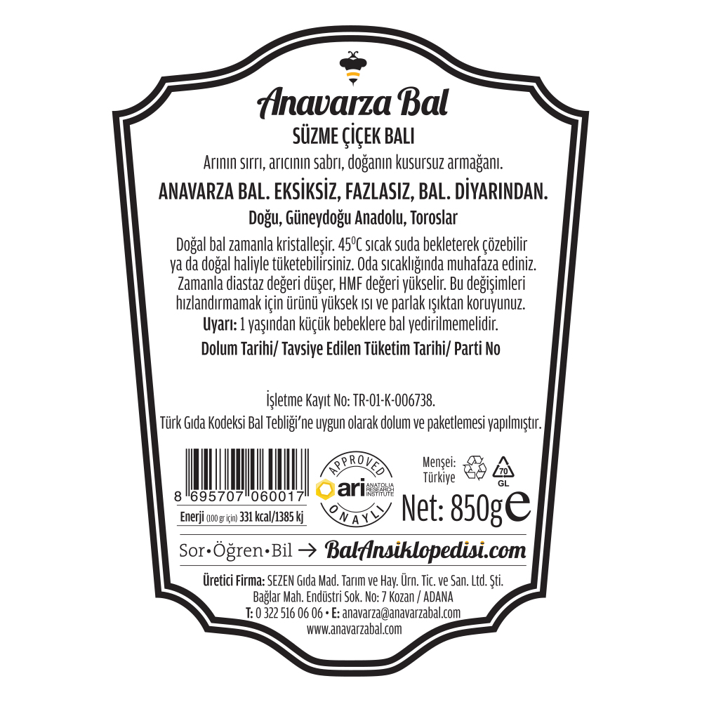 Anavarza Süzme Çiçek Balı 850g