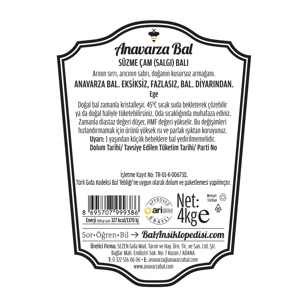 Anavarza Kova Süzme Çam Balı 4kg