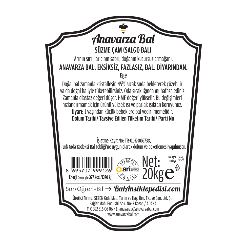 Anavarza Kova Süzme Çam Balı 20kg