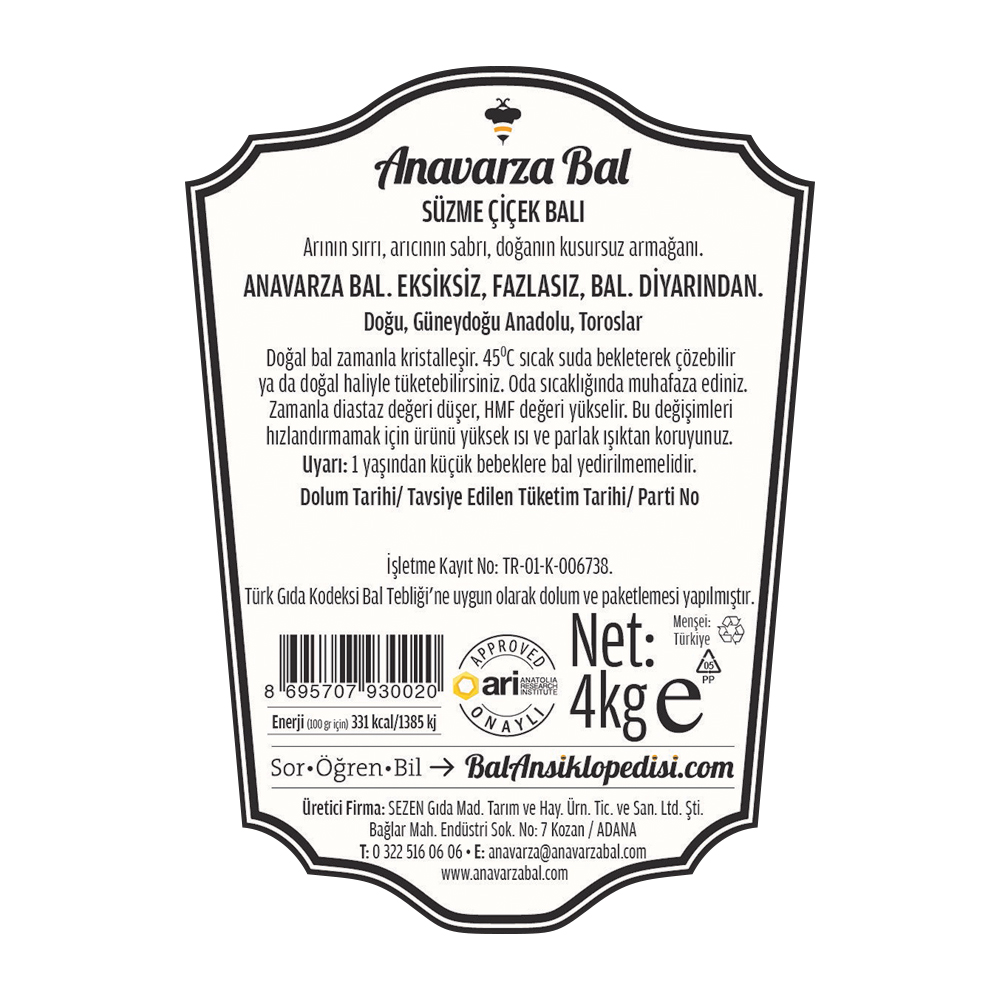 Anavarza Kova Süzme Çiçek Balı 4kg