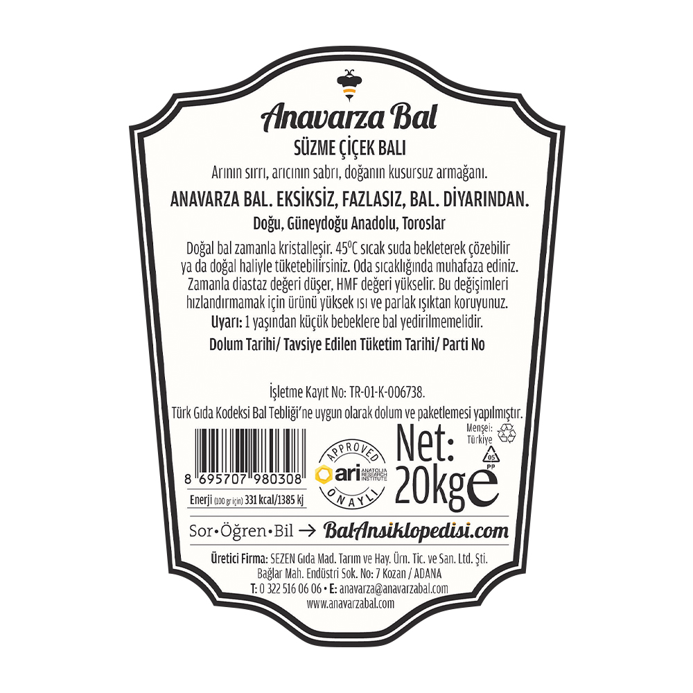 Anavarza Kova Süzme Çiçek Balı 20kg