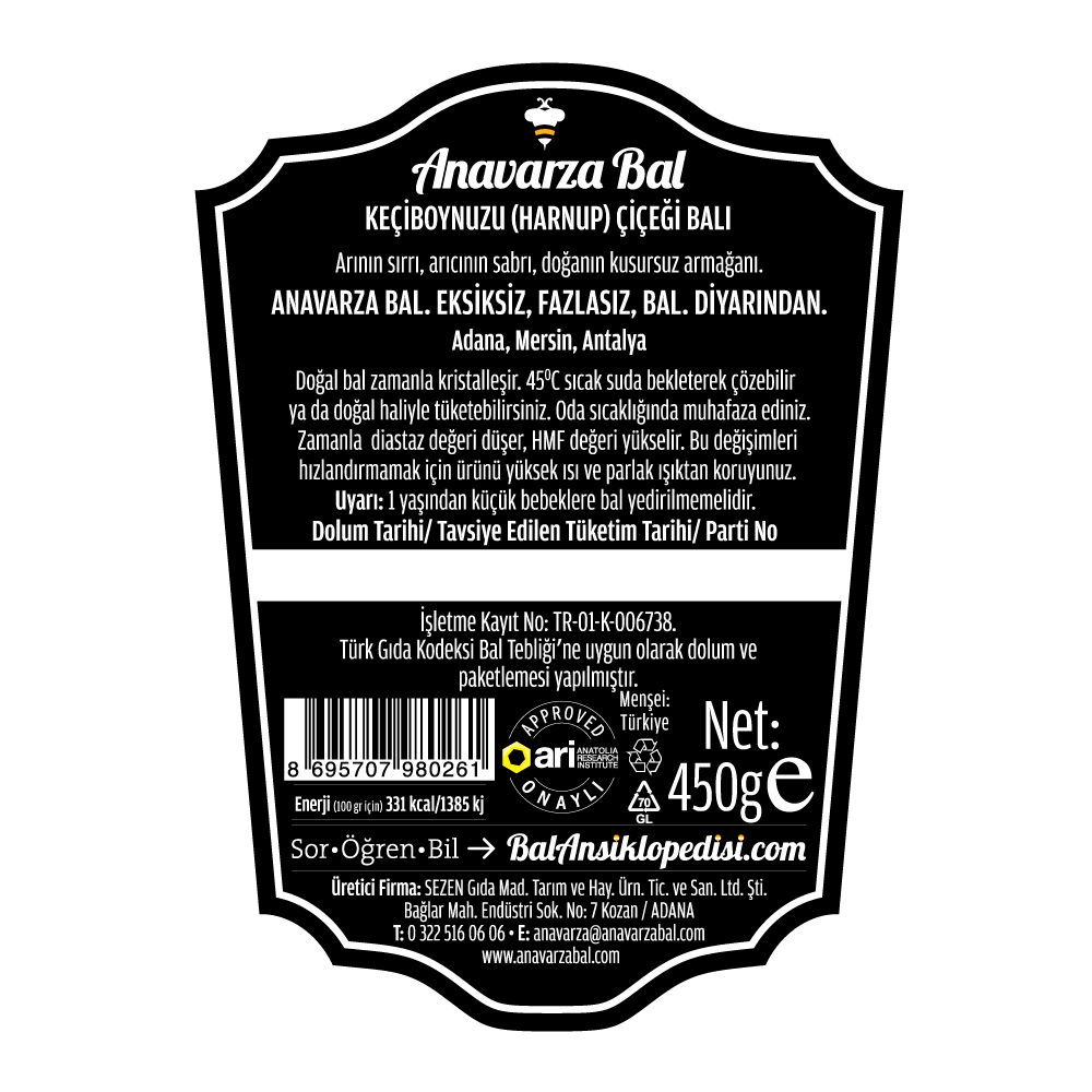 Anavarza Keçiboynuzu (Harnup) Çiçeği Balı 450g