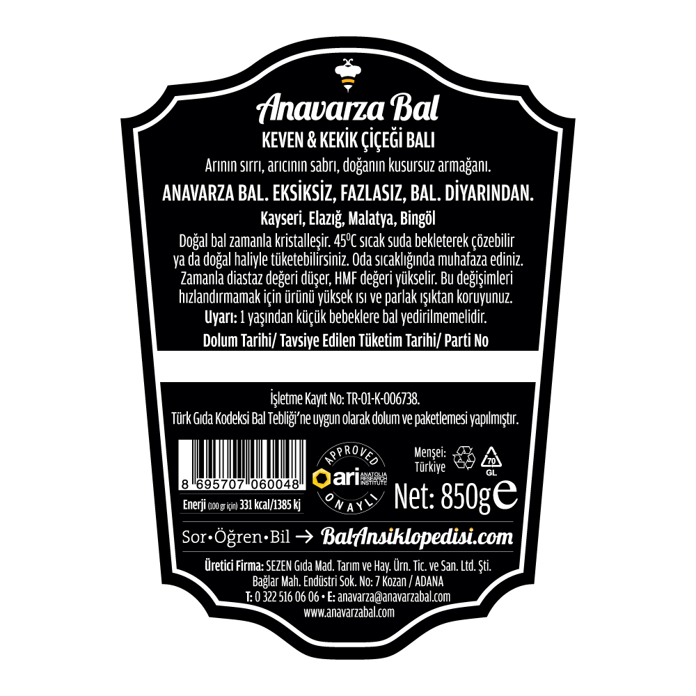 Anavarza Keven & Kekik Balı 850g