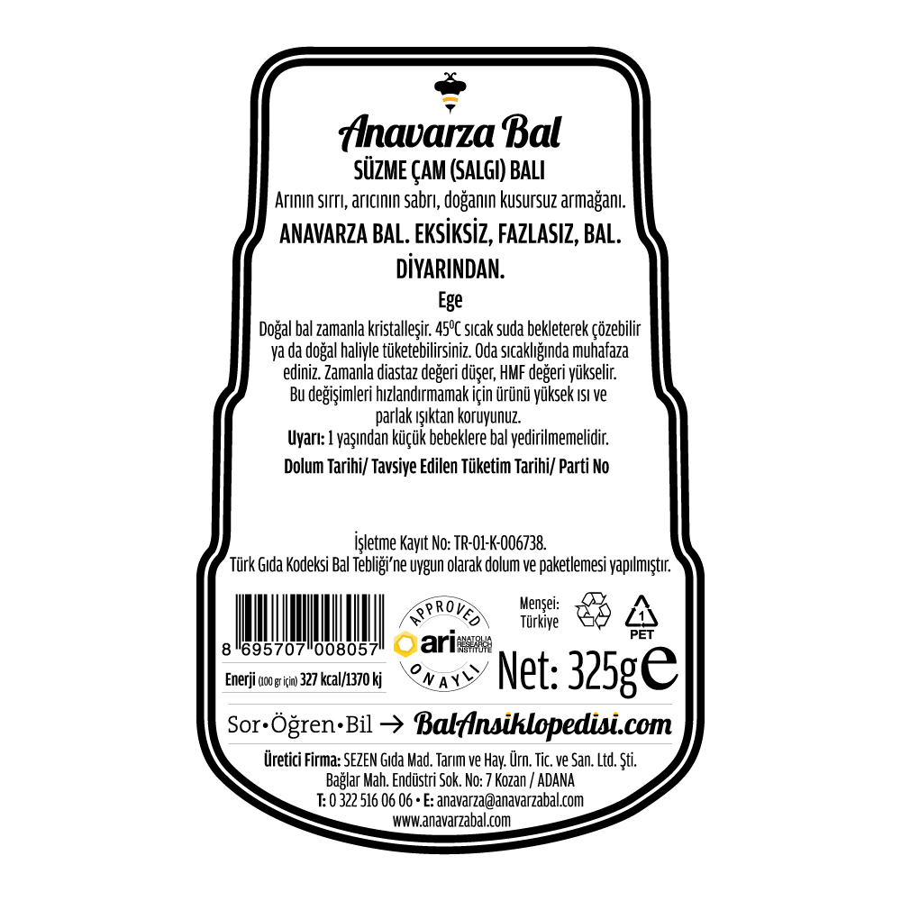 Anavarza Akıllı Kapaklı Süzme Çam Balı 325g