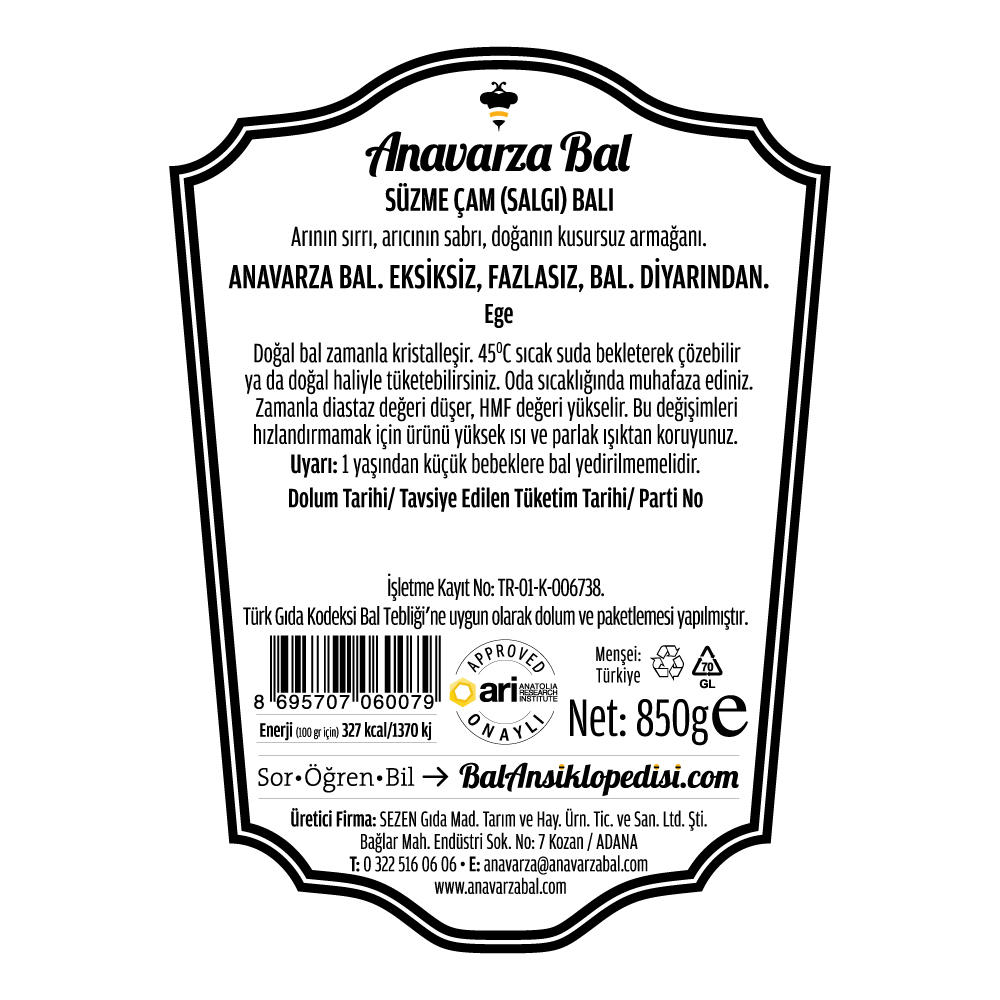 Anavarza Süzme Çam Balı 850g